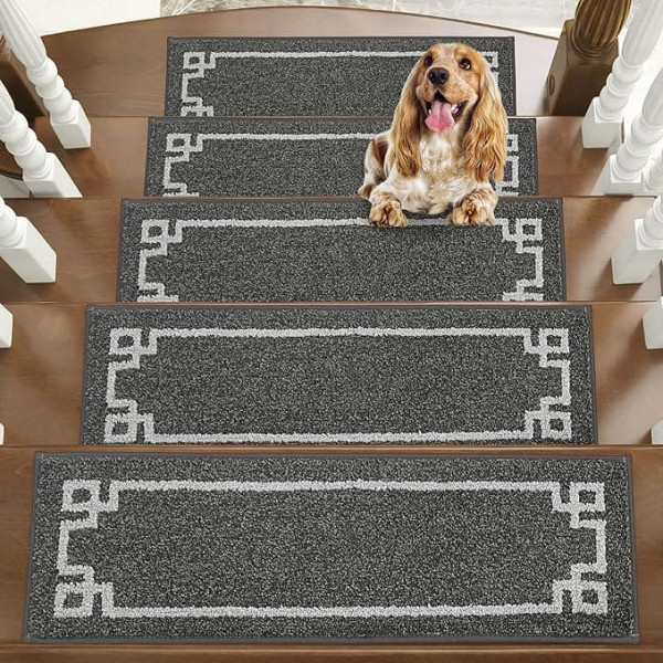 BEQHAUSE Stair Treads Mats, Pack of 15 Self-Adhesive Stair Treads for Children, Elders and Pets, 100% Polyester TPE - Back, 22 x 70 cm, Dark Grey