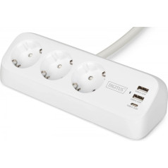 Galda strāvas sloksne, 3 schuko rozetes, 2x usb-a (2x 12 W), 1x usb-c (30 W), ar galda skavu, kabelis 1,5 m, balts