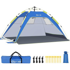 Glymnis beach shelter, quick up beach tent, automatic beach tent with zip door, UV protection, 50+ wind protection, small pack size, beach tent for 3 to 4 people, blue