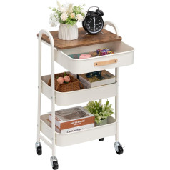 DOEWORKS Metal Rolling Cart with Drawer Serving Trolley with Wheels 3 Tier Kitchen Trolley Craft Trolley Kitchen Storage Trolley for Living Room Bedroom Bathroom Office White