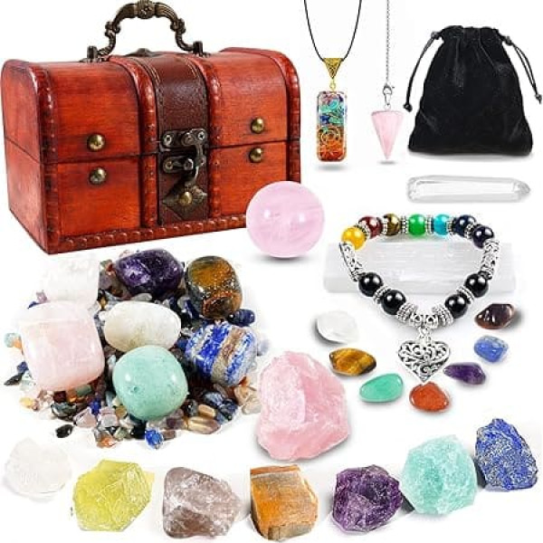 29 Pieces Healing Stone Set 21 Pieces Chakra Crystal Raw Stone Tumbled Stone Crushed Stone Bracelet Quartz Crystal Ball Whte Crystal Wooden Box for Energy Beginners Yoga Reiki Spiritual