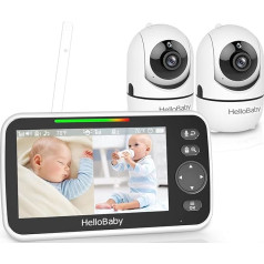 HelloBaby Baby Monitor with 2 Cameras, 305 m Long Range, 26 Hours Battery, 5 Inch Split Screen, 355°/120° Panning Tilt Baby Monitor, No WiFi, ECO, 2-Way Audio, Night Vision, 8 Lullabies