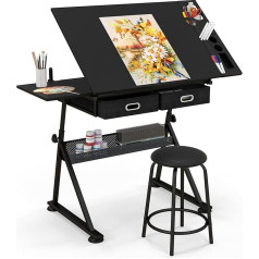 COSTWAY Drawing Table with Stool, Architect Table, Height Adjustable, Desk with Tilting Table Top, Student Desk with 2 Drawers, Work Table for Architect & Artists (Black)