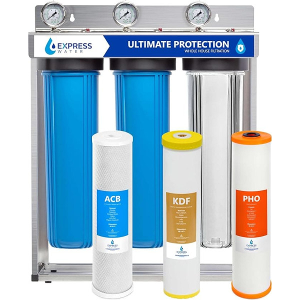 Express Water Ultimate Protection Whole House Water Filter System - 3-Stage Water Filter System - Heavy Metal Anti-Limescale - Polyphoshate, KDF, Carbon Filter - Water