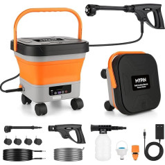 MYPIN Foldable Wireless Pressure Washer 3.4 Gallon Tank, 6-in-1 Nozzle, 7 Adjustable Pressure Levels, Max 660 PSI, 7 m Hose, Spray Cleaner with Wheels for Car, Floor, Wall, Fence, Pet Cleaning