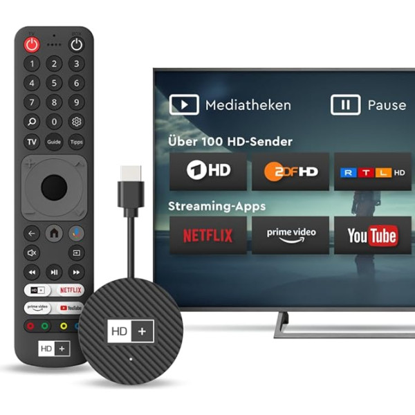 HD+ IP TV Stick - The TV Stick that Always Starts Directly with Live TV | Watch TV without Satellite or Cable via Internet | Access to Media Libraries & Apps | Includes 3 Months HD+