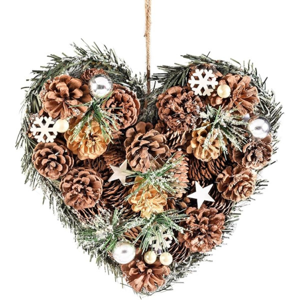 Gruppo Maruccia - Christmas Heart Wreath - Snowy Wood Wreath - with Pine Cones, Flowers and Decorations for Hanging