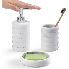 Navaris Bathroom Set - Soap Dispenser, Toothbrush Cup and Accessories - 3-Piece Accessories - White Marble - Wavy Shape