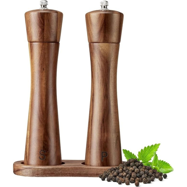 Salz- und Pfeffermühlen-Set, 20,3 cm, Holz-Salz- und Pfeffermühle mit Tablett, Salz- und Pfeffermühle, nachfüllbar, Gewürze zum Kochen und Backen (2er-Set)