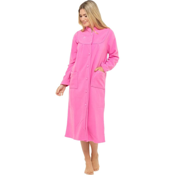 Women's Warm Fleece Long Sleeve Button & Pockets Front Soft Bathrobe Jacket - Blue