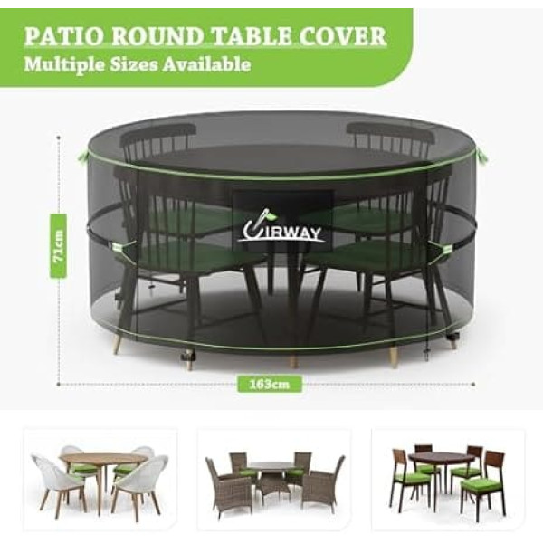 Uirway Garden Furniture Cover, Diameter 163 x 71 cm, Round Protective Cover, 420D Oxford Cover, Round Garden Table with Ventilation Openings and Reflective Strips