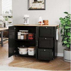 Lexiou L 135 x W 44 (70) x H 90 cm Large Mobile Kitchen Table, Oak Worktop, Foldable Design, Multifunctional Cabinet, 3 Drawers, Towel Rail, Suitable for Kitchen, Dining Room, Home (Black)
