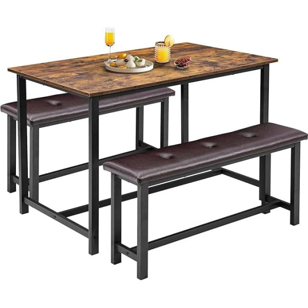 Opulenthome Dining Table with 2 Benches, 3-Piece Dining Set, Bar Table Set, Kitchen Table, Kitchen Table Set with Metal Frame, Dining Room Group for 4 People, for Dining Room, Kitchen