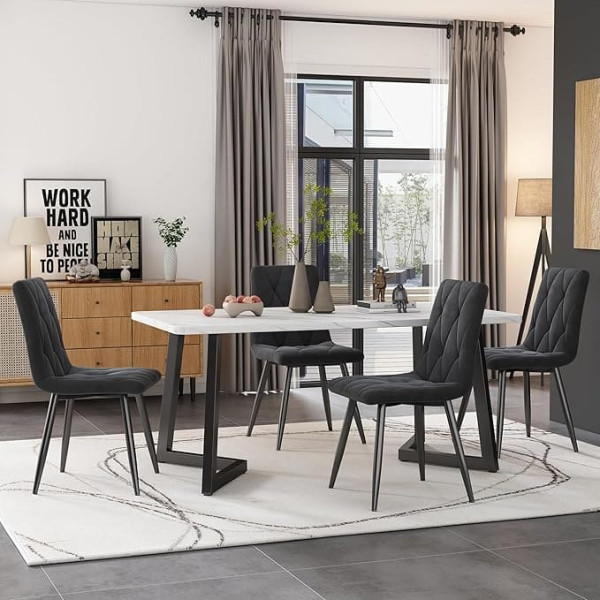 Dalred Dining Set (117 x 68 cm Dining Table with 4 Chairs), Rectangular Dining Table, Modern Kitchen Table Set, Twill Velvet Kitchen Chair, Black Table Legs (Dark Grey)