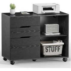 Sweetcrispy Rolling Container Office Cabinet with Wheels, Mobile Filing Cabinet with 3 Drawers, Closed and Open Storage Space, Under Desk Cabinet for A4 Paper, Printer Stand, Black