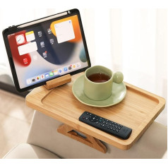 Gehe Bamboo Couch Arm Table for Wide Couches Arm, Foldable Sofa Arm Tray Clip Table with 360° Rotating Phone Holder, Portable Couch Arm Tray/Armrest Tray for Eating and Drink Tray Table