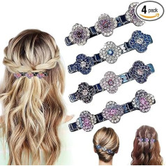 Glittering Crystal Stone Braided Hair Clips - Elegant Hair Clips with Crystal Flowers - Rhinestone Hair Clips 3 Mini Clips - Sparkling Hair Clips for Women and Girls (Four-Leaf Clover)