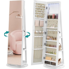 SONGMICS JJC007W02 Jewellery Cabinet with Frameless Full Body Mirror, 3 Shelves, 360° Rotatable, Lockable, White Finish, Greige Lining
