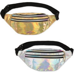 2 Pieces Belt Bag, Fashion Waterproof Belt Bag, Metallic Waist Bag, Sports Bum Bag for Outdoor Activities, Gold/Silver, Gold / Silver