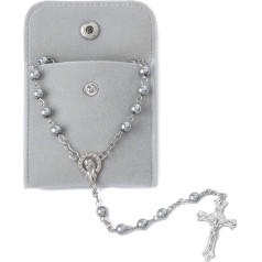 Calkkrer Catholic Rosary, Communion Rosary with Retro Cross, Velvet Gift Bag, Elegant Cross, Christening Communion Wedding Communion Party (Grey)