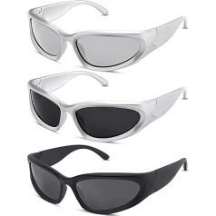 Lassuzie 3 Pairs of Vintage Sunglasses for Men Women Y2K Futuristic Sunglasses Lightweight Wrap Around UV400 Cycling Glasses Cycling Glasses Sports Glasses, black