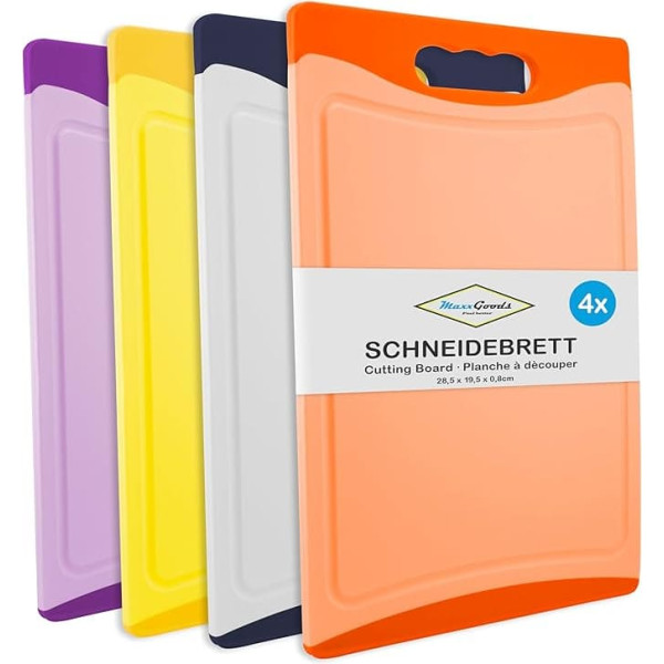 Chopping Board Set of 4, Colourful, with Juice Groove and Handle, Antibacterial Chopping Board, Plastic Board, Can be Used on Both Sides and Dishwasher Safe (28.5 x 19.5 x 0.8 cm)