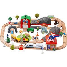 Wooden Railway Set 79 Pieces Railway Theme Model Railway Set for Toddlers Railway Construction Kit Including Mini Vehicles Building Construction