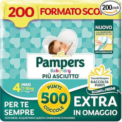 Pampers Baby Dry Maxi Size 4 (7-18 kg), 200 Nappies + 500 Extra Cuddle Dots Free