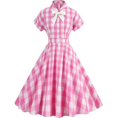 1950s Vintage Dress for Women Short Sleeve Halter Plaid Ruffle Swing Dress Cocktail Party 50s Pin Up Dress Rockabilly Pink Gingham Dress