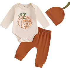 Baby Boys Halloween Outfits 3-Piece Clothing Set Long Sleeve Crew Neck Letter Prints Romper + Pumpkin Print Trousers + Hat Baby Boys Halloween Srrampler Trousers Set