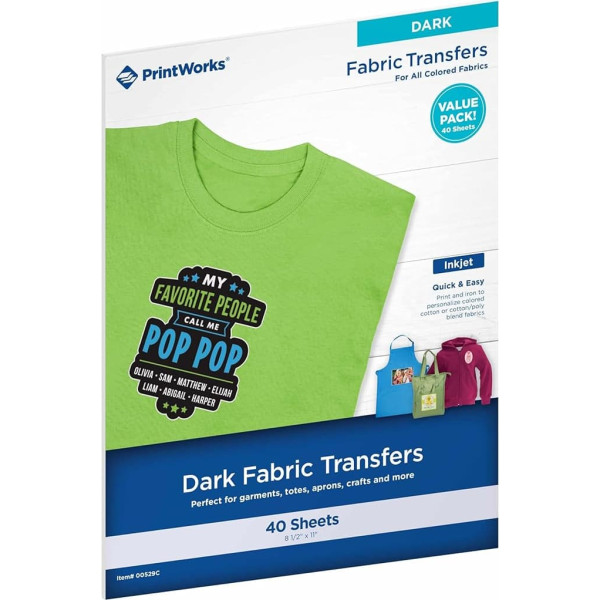 Printworks Dark T-Shirt Transfers for Inkjet Printers, for Use on Dark and Light/White Fabrics, Photo Quality Prints, 40 Sheets, 8 ½ x 11 Inches (00529C)