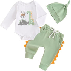 ESSECMBS Newborn Baby Boys Cartoon Dinosaur Clothing Set 3 Pieces Long Sleeve Letter Bodysuit Plain Long Trousers with Hat Baby Boys New Here Theme Clothing Set