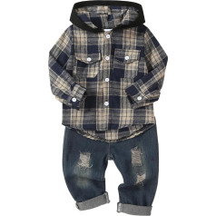 Toddler Baby Boy Autumn Winter Clothing Long Sleeve Plaid Hooded Sweatshirt Ripped Holes Jeans Set 1-5 Years Old