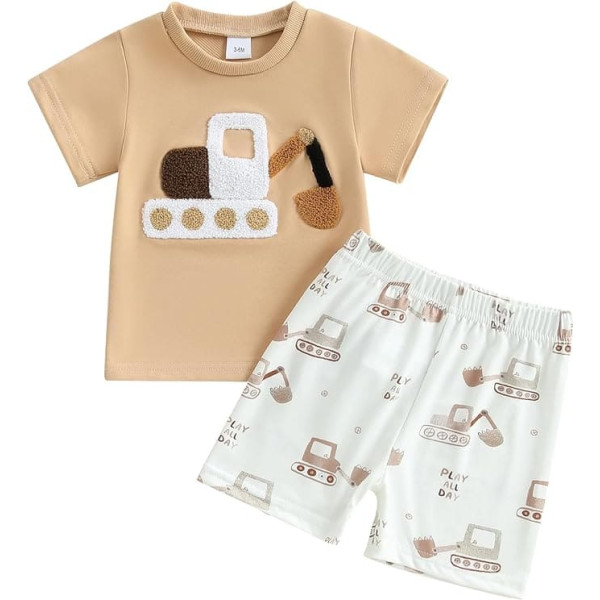 Geagodelia Sommer-Outfits für Kleinkinder, Babys, Jungen, kurzärmelig, Rundhalsausschnitt, Auto/Traktor-Stickerei, T-Shirt, Sweatshirt, Oberteil mit elastischem Auto-Druck, Shorts, 2-teiliges Set für