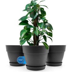 BigDean Pack of 3 Flower Pot with Saucer, Round, Diameter 35 cm, in Anthracite, Planter Suitable for Indoor and Outdoor Use, Made in Europe