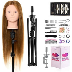 Neverland Hairdressing Head Makeup Head with Doll Head Stand, 60% Real Hair, 28 Inch Practice Head for Styling and Make-Up, Training Heads for Hair Styling with Table Clamp + Hair Styling Set