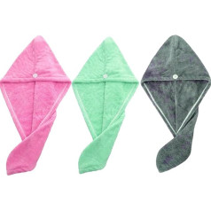 Microfibre Hair Drying Towels 3 Pack (Green/Pink/Grey)