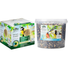 Dehner Natura Wild Bird Food, Fat Balls, Organic Net, in Box, 100 Pieces (10 kg) & Natura Wild Bird Food, Scattered Food in Bucket, 3 kg