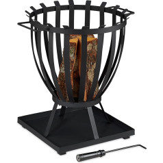 Relaxdays XXL Fire Basket, Round Burning Basket, Height 57 x 56 x 47.5 cm, with Base Plate and Poker, Steel Fire Bowl, Black