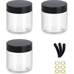 Empty Plastic Jars with Black Lids Clear Round Cosmetic Containers Travel Storage Containers with Inner Liners for Body Scrub, Lotion, Powder, Ointments, Salves, Samples