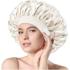 mikimini Satin Hair Cap for the Night, Silk Bonnet for Sleeping for Women, Adjustable Silk Bonnet for Long Hair, Elegant Creamy Dots Sleep Cap for Braids, Pack of 2