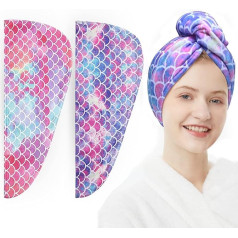 ELLEWIN Microfiber Towel for Kids and Girls, 2 Pack Turban Drying Women Set Absorbent Quick Dry Twist Anti-Frizz Curly Long Thick (Mermaid), Galaxy & Multicolor, Regular, One Size