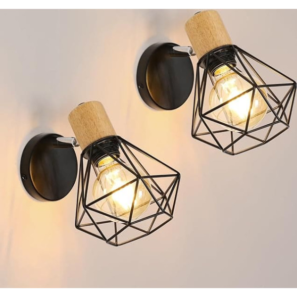 DELIPOP Pack of 2 Wall Light Indoor Vintage, Retro Wall Lamp Wood and Metal Black E27, Wall Spot Adjustable Wall Lighting for Living Room, Bedroom, Office, Kitchen, Hallway