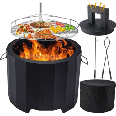 CHANGEMOORE Smoke Free Fire Pit, 50cm Large Outdoor Fire Pit Stove with Triple Burning and Removable Ash Container, Fire Pit Cover, Grill, Poker Set