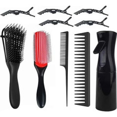 Hair Brush Set for Curly Hair with Detangling Brush, 9 Rows Hair Brush, Wide Tooth Comb, Tail Comb, Hair Spray Bottle and Hair Clips, for Women, Men, Children, Hair Styling