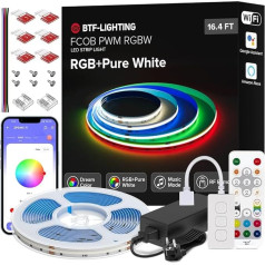 BTF-LIGHTING FCOB RGBW LED Kit 5 m 896LEDs/m White PCB DC24V IP30 Non-Waterproof LED Strip Light RGB + Warm White 3000K LED Tape with SP544E 2.4 GHz WiFi PWM RGBW LED Controller for DIY Home