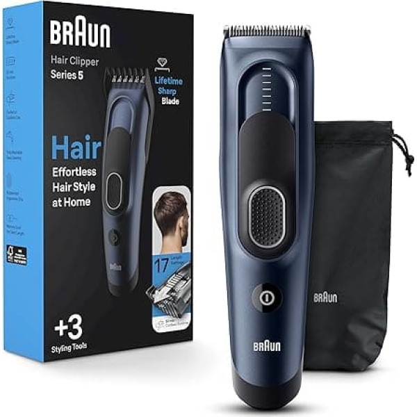 Braun Hair Clipper Series 5 5350 Men's Hair Clippers at Home with 17 Length Settings Includes Memory SafetyLock Recall Setting, Ultra Sharp Blades, 2 Combs