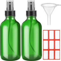 Glass Spray Bottles 4oz Fine Mist Refillable Liquid Containers with 1 Label and 1 Funnel for Hair, Travel, Plants, Cleaning Solutions and Skin Care, Green, Pack of 2