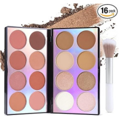 Erinde Makeup Palette, 16 Colour Blush Palette with Highlighter and Bronzer, Shimmer and Matte Finish, Natural Glow, Mixable, Cruelty Free