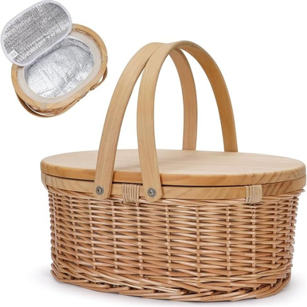 Wicker Picnic Basket with Portable Picnic Wine Table and Swing Handles for Beach Camping Park Outdoor Party Insulated Willow Cooler Baskets for Wine Lovers. Best Gift for